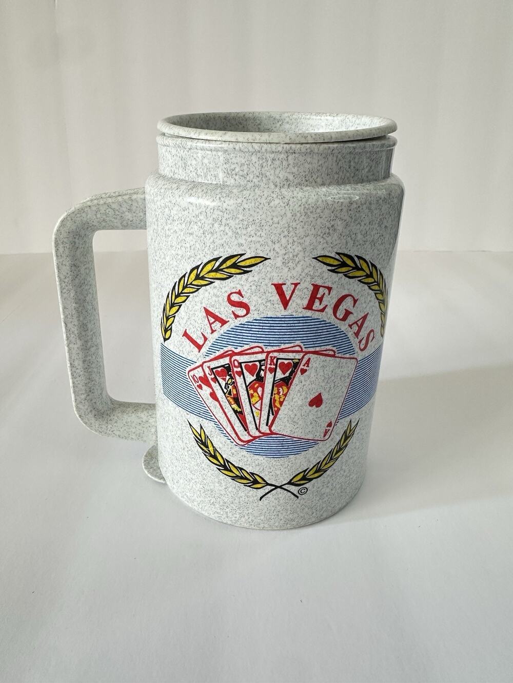 Vintage Whirley Las Vegas Souvenir Travel Mug Playing Cards Speckled Plastic Lid